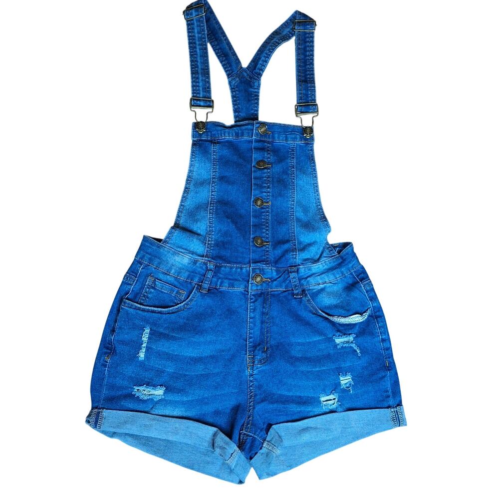 ​P Jeans Women Distressed Denim Shortalls Overall Shorts Button Front Cuffed - M